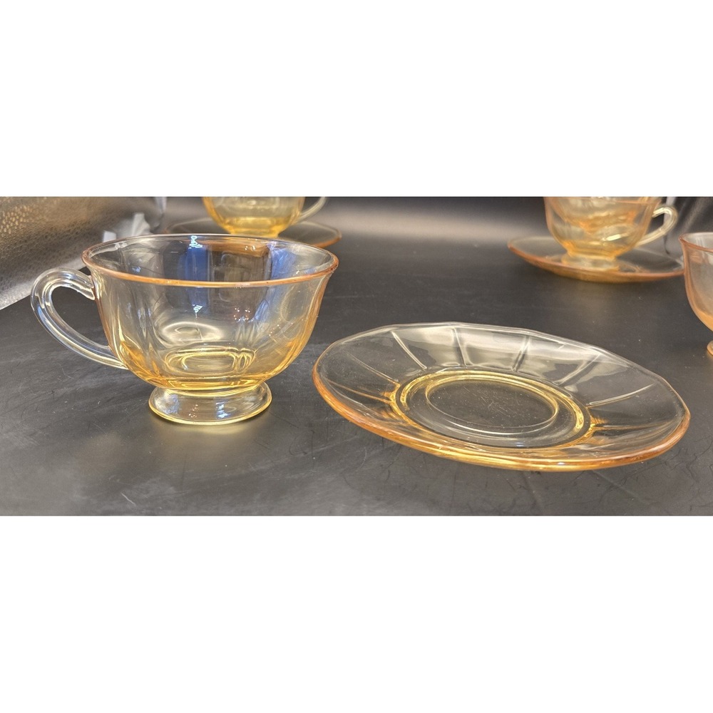 Yellow Depression Glass Vintage Fostoria "Fairfax" Includes 6 Cups And 4 Saucers - Picture 4 of 9
